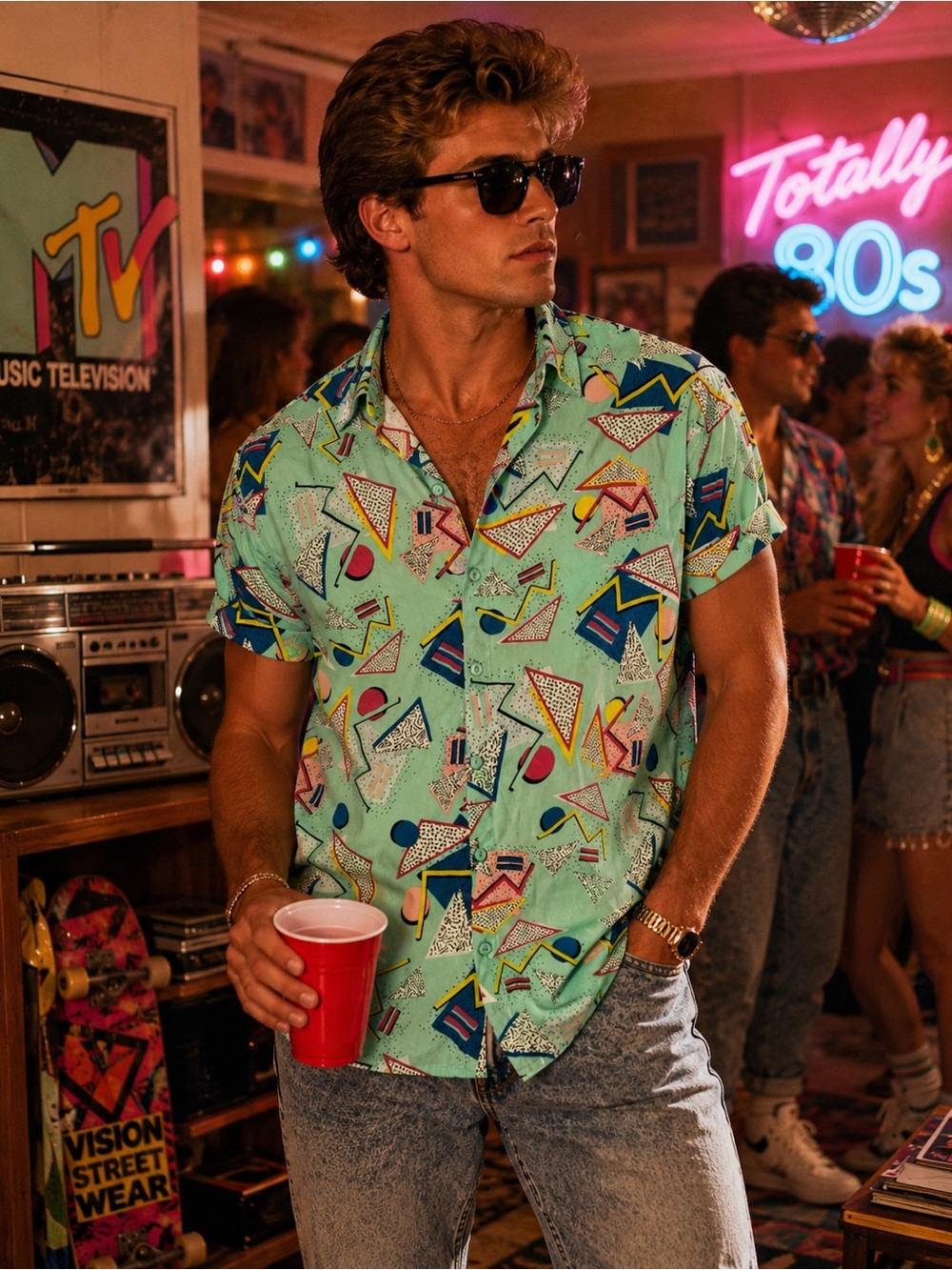 Oh Snap By Drill Mens L Stretch Memphis Design Geometric Retro 80s Button Shirt